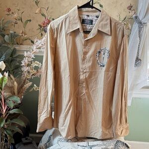 El General Tan Button-Up Shirt with Embroidered Logo